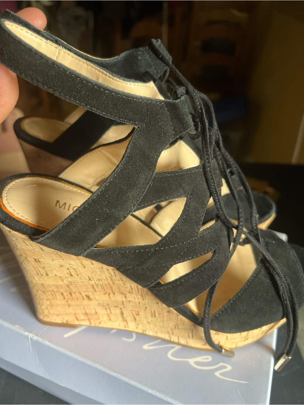 Michaels Black Suede Lace-Up Cork Wedge Sandals